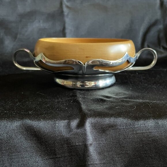 Vintage Farber Bros Hand Turned Wooden Bowl In A Metal Stand With Handles - Picture 1 of 5